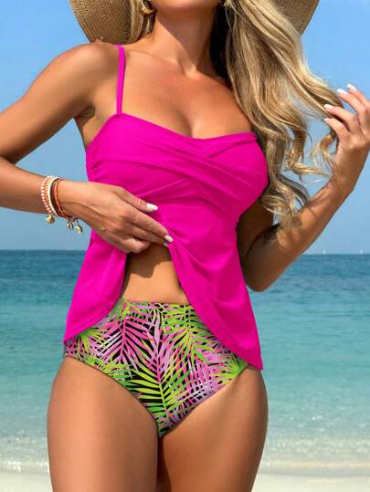 طقم تانكيني حريمي Swim Lushoire ملابس السباحة مكونة من كامي مزين بعقدة وبيكيني مع طباعة زهور ذات طابع استوائي شاطئي مناسبة للإجازة