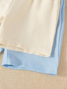 SHEIN مجموعة من 2 قطعة بلوزة مُحاكة وشورت للأطفال الصغار، باللون الأزرق والأبيض، مناسب للارتداء اليومي أو الحفلات والمناسبات لإبراز شخصية وأناقة الطفل