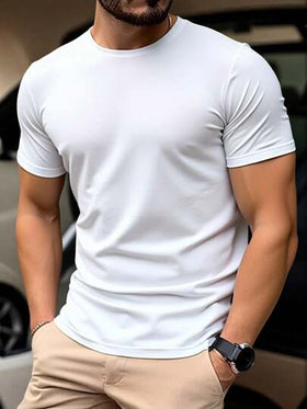 Manfinity Homme تي شيرت كاجوال للرجال بأكمام قصيرة وياقة طاقم، قماش عادي
