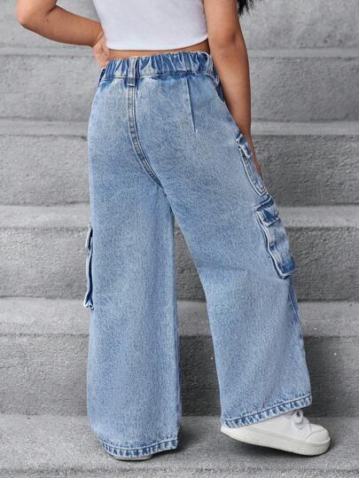 SHEIN بنطال جينز فضفاض بألوان الأزرق لفتاة صغيرة، لارتداء الصيف والربيع والعطلات المريح بطراز البوهيمي
