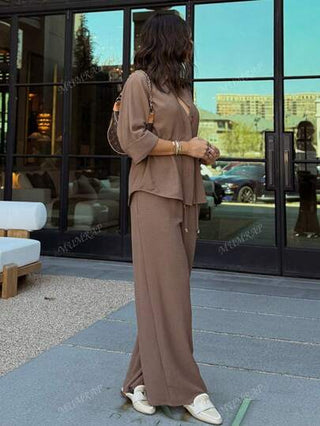 بدلة مكونة من سروال قماشي رياضي بخصر مطاطي مع قميص فضفاض سادة لارتداء اليومي، طقم اثنين قطع للنساء