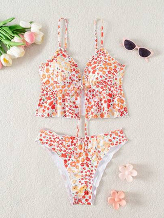 طقم تانكيني حريمي Swim Mod توب بدون أكمام طبعة زهور بأربطة أمامية ، طراز فتاة عطلة لطيف ، للمرأة ، ملابس سباحة للصيف، عطلة شاطئ