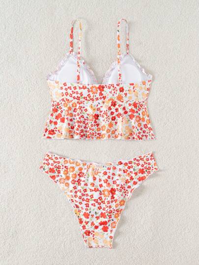 طقم تانكيني حريمي Swim Mod توب بدون أكمام طبعة زهور بأربطة أمامية ، طراز فتاة عطلة لطيف ، للمرأة ، ملابس سباحة للصيف، عطلة شاطئ