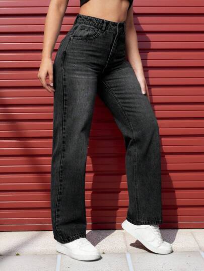 SHEIN EZwear جينز بساق مستقيم جيب مائل