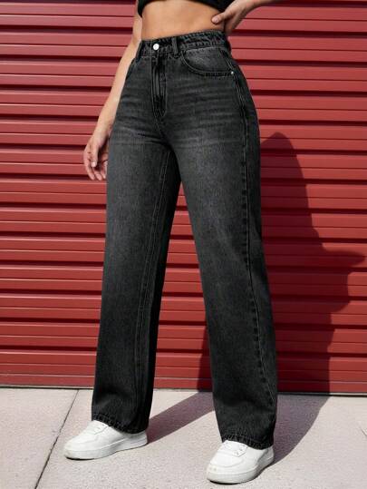 SHEIN EZwear جينز بساق مستقيم جيب مائل