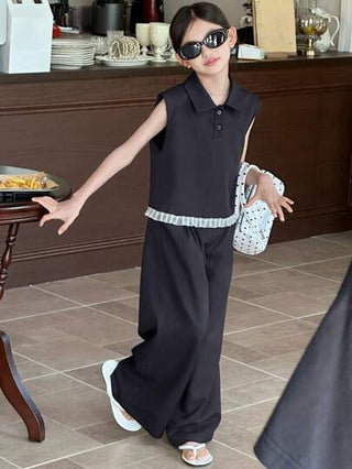 girls-sets DAZY طقم بنطال طويل + ملابس علوية بياقة البولو للبنات ،ربيع/صيف ٢ قطعة