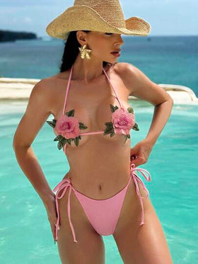 Swim SXY مجموعة بيكيني من قطعتين للنساء، كأس مثلث صغير جدًا قابل للذوبان في الماء، مطرز بزهور الكرز، سروال مثلث مربوط بخيط، للشاطئ والعطلات الربيعية والصيفية