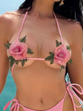 Swim SXY مجموعة بيكيني من قطعتين للنساء، كأس مثلث صغير جدًا قابل للذوبان في الماء، مطرز بزهور الكرز، سروال مثلث مربوط بخيط، للشاطئ والعطلات الربيعية والصيفية