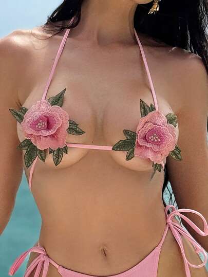 Swim SXY مجموعة بيكيني من قطعتين للنساء، كأس مثلث صغير جدًا قابل للذوبان في الماء، مطرز بزهور الكرز، سروال مثلث مربوط بخيط، للشاطئ والعطلات الربيعية والصيفية
