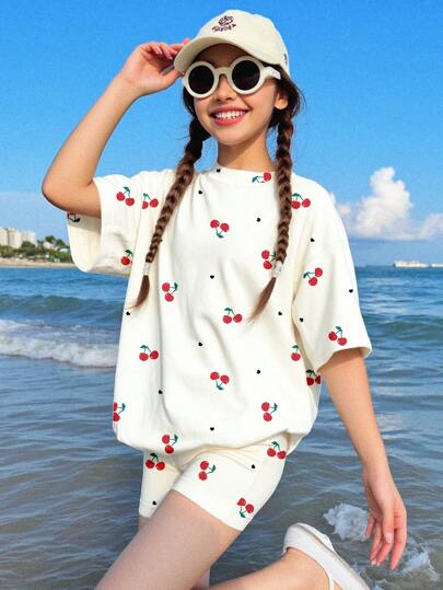 girls-sets مجموعتين ملابس نسائية تحتوي على T-shirt مطبوع بقلب الكرز وقصيرة, ملابس صيفية كاجوال بسيطة