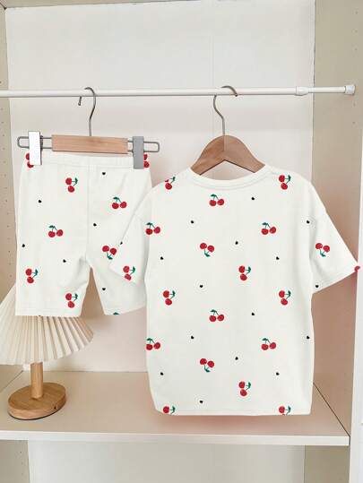 girls-sets مجموعتين ملابس نسائية تحتوي على T-shirt مطبوع بقلب الكرز وقصيرة, ملابس صيفية كاجوال بسيطة