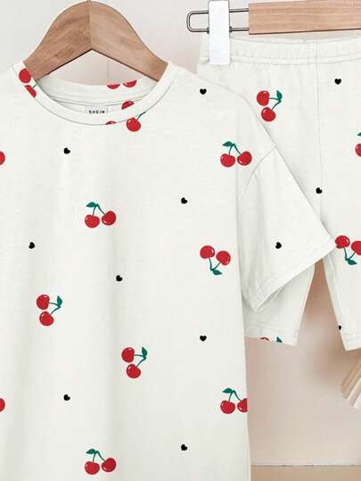girls-sets مجموعتين ملابس نسائية تحتوي على T-shirt مطبوع بقلب الكرز وقصيرة, ملابس صيفية كاجوال بسيطة