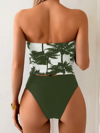 طقم تانكيني حريمي Swim Lushoire مجموعة 2 قطعة بنمط أشجار جوز الهند مطبوع على توب قصير وشورت سباحة بلون أحادي لإطلالة صيفية عفوية لعطلة الربيع 2025