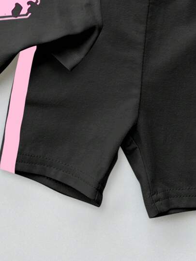 SHEIN طقم لطيف من بلوزة قصيرة الأكمام وقصرات بياقة مستديرة للفتيات الرضع، مزين بفيونكة ورقم 23 ، مناسب للربيع والصيف، إطلالة بسيطة وعادية