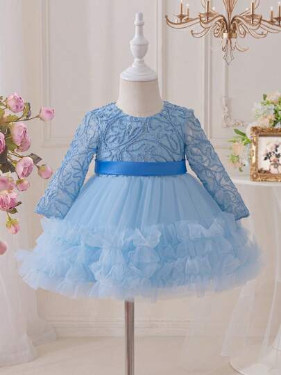 فساتين بيبي Glamorique Kids فستان شبكي مطرز أكمام منفوخة من شيفون، لون شمبانيا، زي فتاة الزهور لحفل عيد الميلاد في عمر سنة واحدة، بدلة معمودية للطفلة