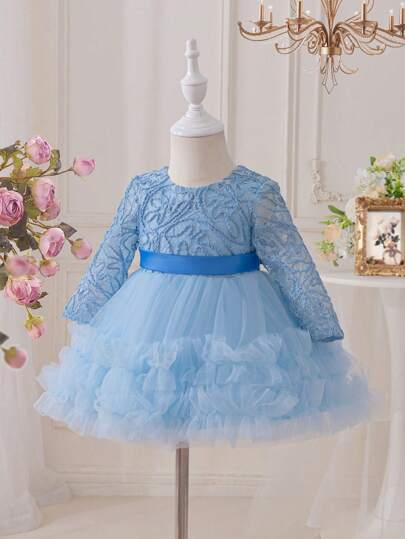 فساتين بيبي Glamorique Kids فستان شبكي مطرز أكمام منفوخة من شيفون، لون شمبانيا، زي فتاة الزهور لحفل عيد الميلاد في عمر سنة واحدة، بدلة معمودية للطفلة
