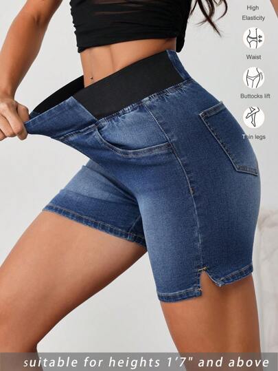 SHEIN Tall شورتات جينز نسائية، شورتات جينز ضيقة وعادية مطاطية، شورتات جينز زرقاء نسائية، شورتات جينز قصيرة للنساء، شورتات جينز صيفية للنساء