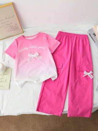 girls-sets مجموعة من قطعتين للفتيات المراهقات، تتكون من توب طباعة الحرف ذو تدرج اللون والرباط والبوت كارجو، مناسب للصيف