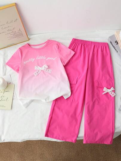 girls-sets مجموعة من قطعتين للفتيات المراهقات، تتكون من توب طباعة الحرف ذو تدرج اللون والرباط والبوت كارجو، مناسب للصيف