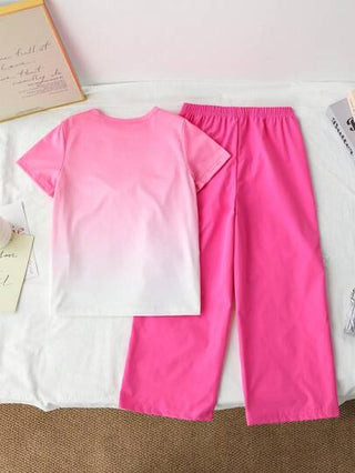 girls-sets مجموعة من قطعتين للفتيات المراهقات، تتكون من توب طباعة الحرف ذو تدرج اللون والرباط والبوت كارجو، مناسب للصيف