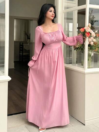 Modelyn العيد فستان نسائي أنيق بياقة مربعة وسط ملفوف رفيع القياس ربيع/صيف