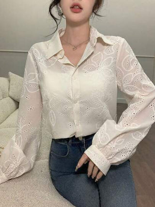 Modelyn العيد قميص أنثوي أكمام طويل بنمط محترق 2025 مع أزرار