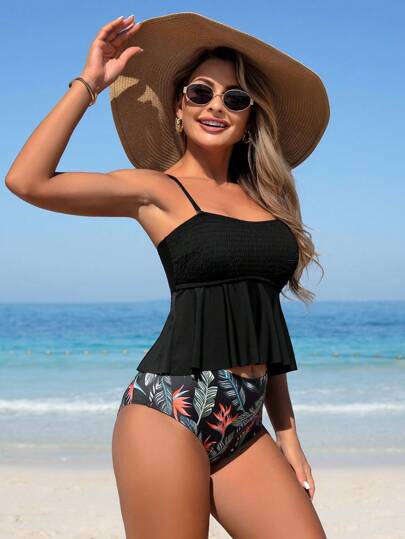 طقم تانكيني حريمي Swim Lushoire طقم بكيني مكون من قطعتين بنمط مثلث مزين بطبعة زهرية، مع رقبة مطوية حول الشد والأشرطة القابلة للتعديل، بطراز ناضج للنساء