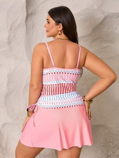 SHEIN Swim Curve ملابس سباحة تانكيني مكونة من 2 قطعة للنساء البدينات، سبغيتي بنمط عشوائي أنيق وكاجوال