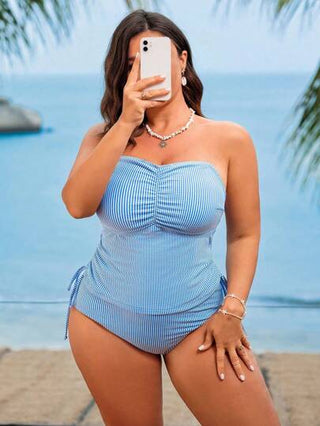 Swim Lushoire بيكيني قطعتين للسيدات كبيرات الحجم من قماش أنيق مخطط، مناسب للعطلات والخروجات الكاجوال، تصميم بكتافات سباغيتي