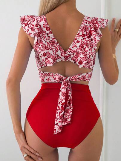 طقم تانكيني حريمي Swim Lushoire الأنثوي طبعة الأزهار البوهيمية الحمراء الرفرفة الخصر'بكاميسول الخزامي العميق، شاطئ عطلة أنيقة، الصيف/الربيع