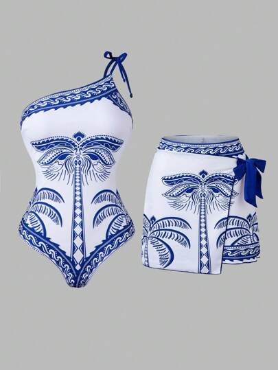 طقم تانكيني حريمي Swim Oasis مجموعة بيكيني نسائية 2 قطعة موضة 2025 - بدلة سباحة كتف واحد مطبوعة بشجرة الجوز الزرقاء مع تنورة ربطة الخصر /ملابس سباحة أنيقة للسيدات / ملابس شاطئ للعطلات / ملابس لحفل المسبح