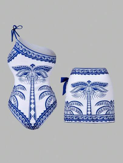 طقم تانكيني حريمي Swim Oasis مجموعة بيكيني نسائية 2 قطعة موضة 2025 - بدلة سباحة كتف واحد مطبوعة بشجرة الجوز الزرقاء مع تنورة ربطة الخصر /ملابس سباحة أنيقة للسيدات / ملابس شاطئ للعطلات / ملابس لحفل المسبح