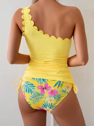 طقم تانكيني حريمي Swim Lushoire بلوزة سباحة منفصلة سترابلس مع طبعة زهرية صفراء وسحاب خصر للنساء