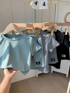 SHEIN 6 قطع / مجموعة للأطفال الرضع بنات/أولاد ملابس الأساسية بقميص T-shirt بأكمام قصيرة بطباعة أحرف وشورت بخصر مطاطي ، ملائمة للربيع والصيف