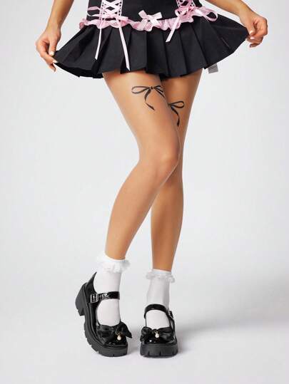 ROMWE Kawaii أحذية نسائية لوافر سوداء مزينة بفيونكة، أحذية جلدية بنمط ماري جين مع سلاسل اللؤلؤ، أحذية ذات كعب منصة ونعل سميك بطراز لوليتا الحلو، أحذية بنمط طالبات المدارس اليابانيات