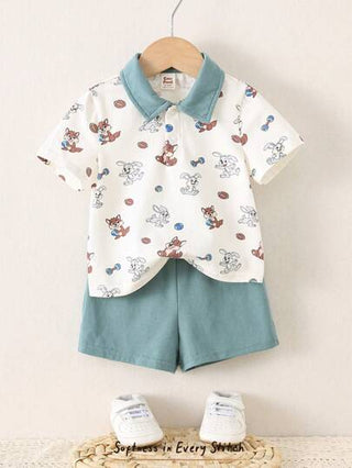 Cozy Pixies 2 قطعة ملابس أطفال طقم ملابس علوية بجيب أمامي ذو أكمام قصيرة وياقة بولو، وشورت بخصر مطاطي بنقشة أرنب كرتوني محبوك ناعم للأطفال الصغار