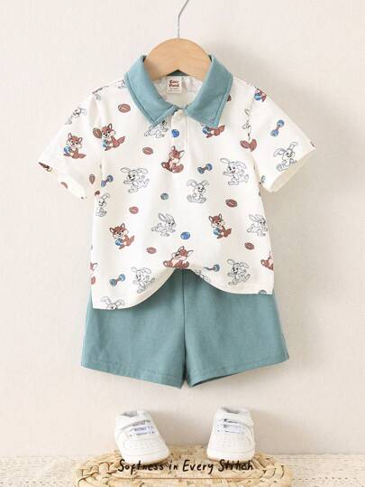 Cozy Pixies 2 قطعة ملابس أطفال طقم ملابس علوية بجيب أمامي ذو أكمام قصيرة وياقة بولو، وشورت بخصر مطاطي بنقشة أرنب كرتوني محبوك ناعم للأطفال الصغار