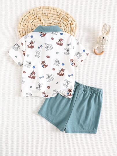 Cozy Pixies 2 قطعة ملابس أطفال طقم ملابس علوية بجيب أمامي ذو أكمام قصيرة وياقة بولو، وشورت بخصر مطاطي بنقشة أرنب كرتوني محبوك ناعم للأطفال الصغار