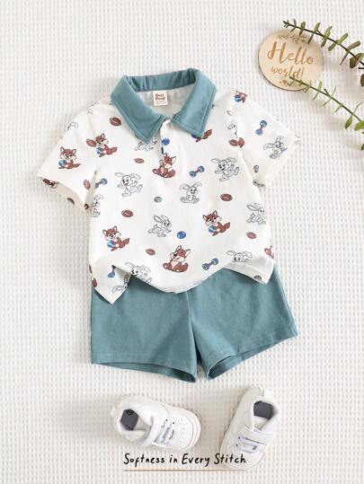 Cozy Pixies 2 قطعة ملابس أطفال طقم ملابس علوية بجيب أمامي ذو أكمام قصيرة وياقة بولو، وشورت بخصر مطاطي بنقشة أرنب كرتوني محبوك ناعم للأطفال الصغار