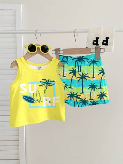 SHEIN طقم ملابس علوية أكمام بلا كتف طفولي سهل بطبعة شجرة جوز الهند وشورت مرقع بطبعة شجرة جوز الهند، مريح وبسيط، مناسب للربيع والصيف
