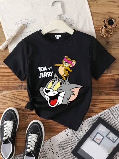تيشيرتات بناتي TOM & JERRY X  بلوزة نصف كم قصيرة للفتيات المراهقات، بطبعات كرتونية وحروف، كاجوال، رقبة طاقم، مناسبة للصيف