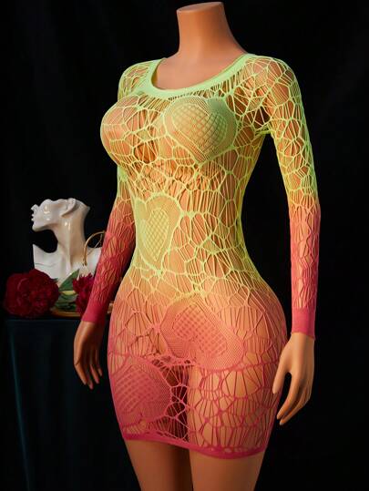 لانجيري حريمي ملابس داخلية نسائية بدلة مثيرة مع ألوان تباين شفافة بتصميم قلب، قميص نوم طويل الأكمام ذو رقبة دائرية ذو مرونة عالية بدون تفاصيل، مناسبة للربيع والصيف