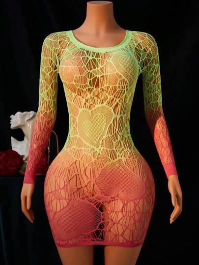 لانجيري حريمي ملابس داخلية نسائية بدلة مثيرة مع ألوان تباين شفافة بتصميم قلب، قميص نوم طويل الأكمام ذو رقبة دائرية ذو مرونة عالية بدون تفاصيل، مناسبة للربيع والصيف