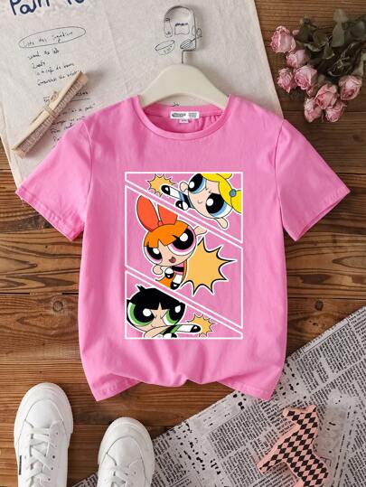 تيشيرتات بناتي THE POWERPUFF GIRLS X  قميص صيفي بأكمام قصيرة وياقة دائرية للفتيات المراهقات بطبعات زهور، فقاعات، أزهار الزبدي ، أنيق وكاجوال