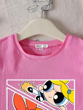 تيشيرتات بناتي THE POWERPUFF GIRLS X  قميص صيفي بأكمام قصيرة وياقة دائرية للفتيات المراهقات بطبعات زهور، فقاعات، أزهار الزبدي ، أنيق وكاجوال