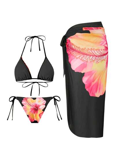 طقم تانكيني حريمي Swim Oasis مجموعة 3 قطع للمرأة لموسم الصيف والأجازات المريحة،تشمل بكيني مزين بطبعة الأزهار،سروال كلوت، وفستان سارونج بتعقدة ربطة القماش الشبكي بطراز بوهيمي