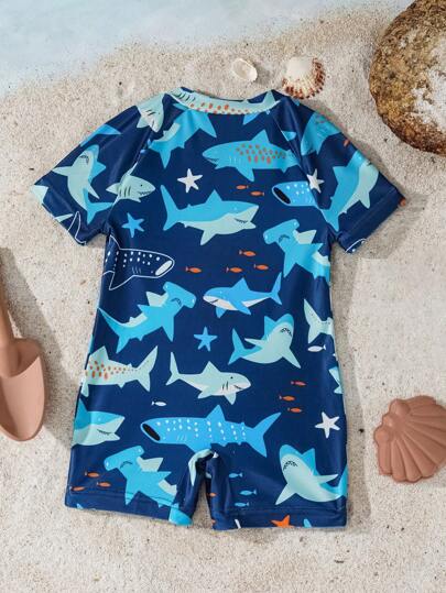 مايوه أولادي Shark Week X  بذلة سباحة واحدة قطعة نصف مفتوحة مطبوعة برسم سمكة القرش للأطفال الذكور للصيف