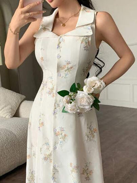 Modelyn فستان نسائي أنيق وعصري طويل مطبوع بالزهور، مصنوع من قماش خاص
