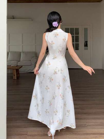 Modelyn فستان نسائي أنيق وعصري طويل مطبوع بالزهور، مصنوع من قماش خاص