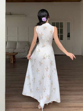 Modelyn فستان نسائي أنيق وعصري طويل مطبوع بالزهور، مصنوع من قماش خاص
